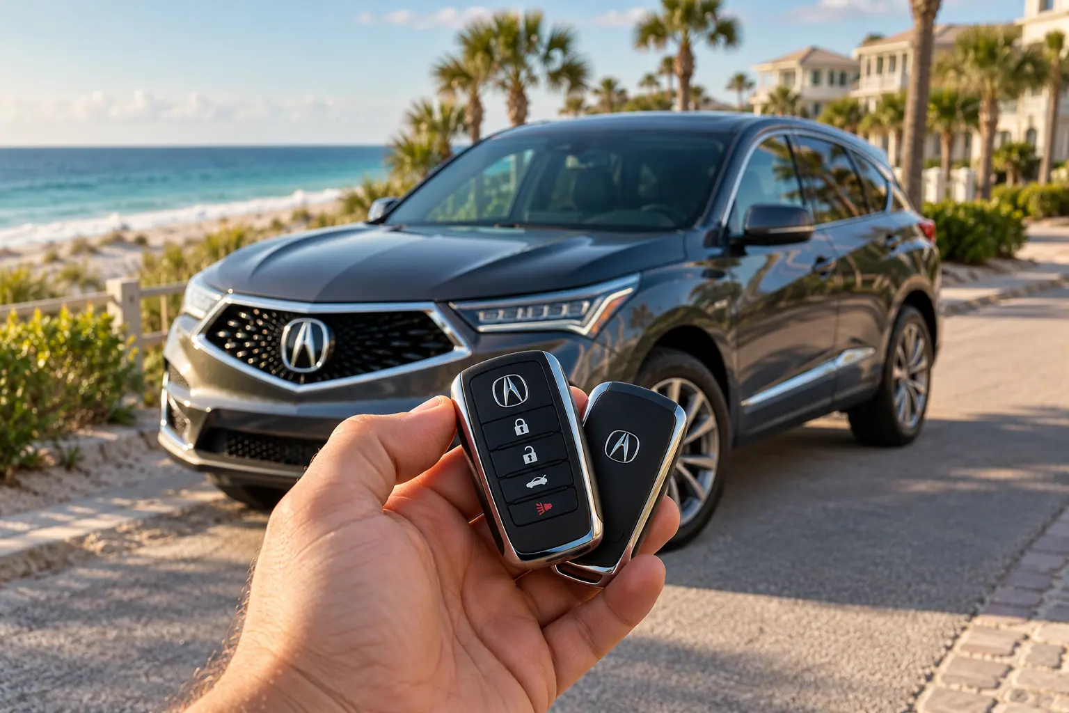 Illustrative Acura key and RDX in a coastal setting