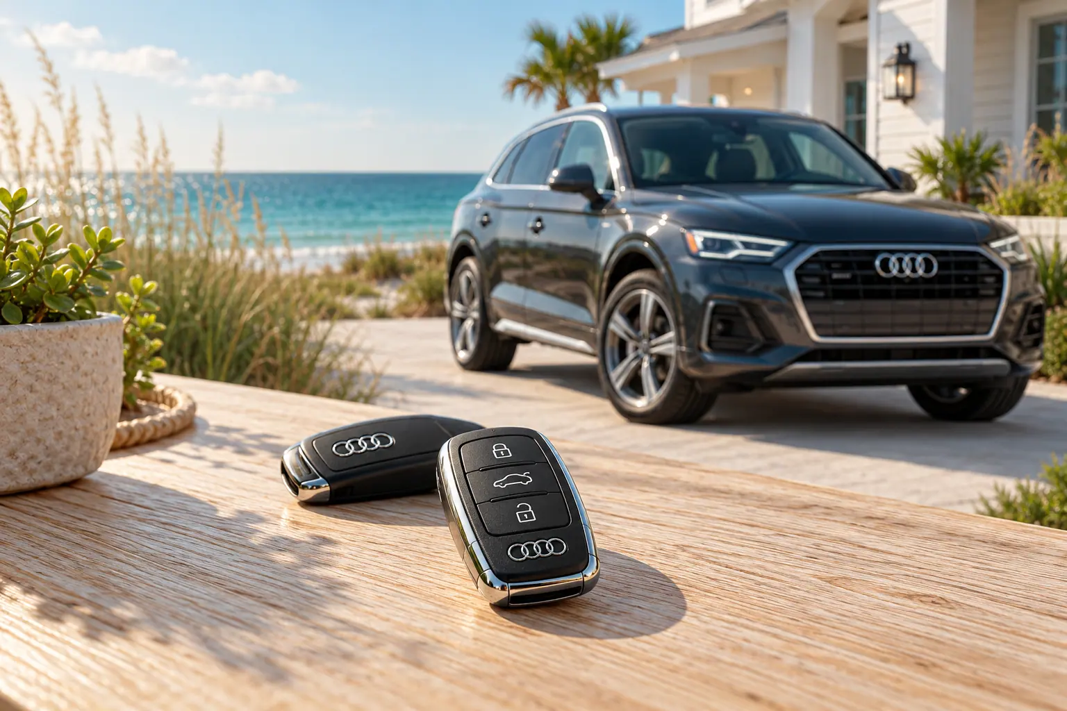Illustrative Audi key and Q5 in a coastal setting