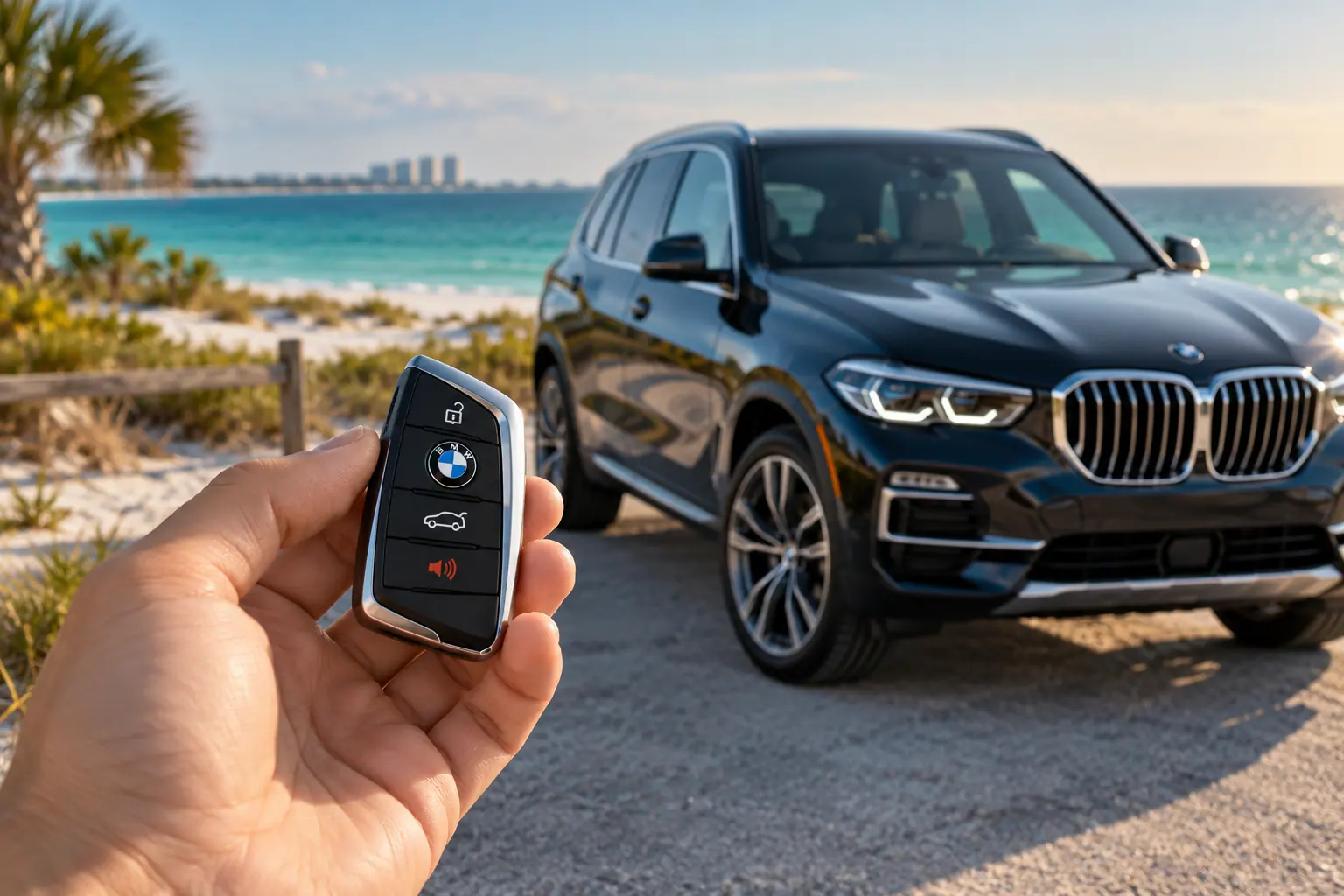 Illustrative BMW key and X5 in a coastal setting