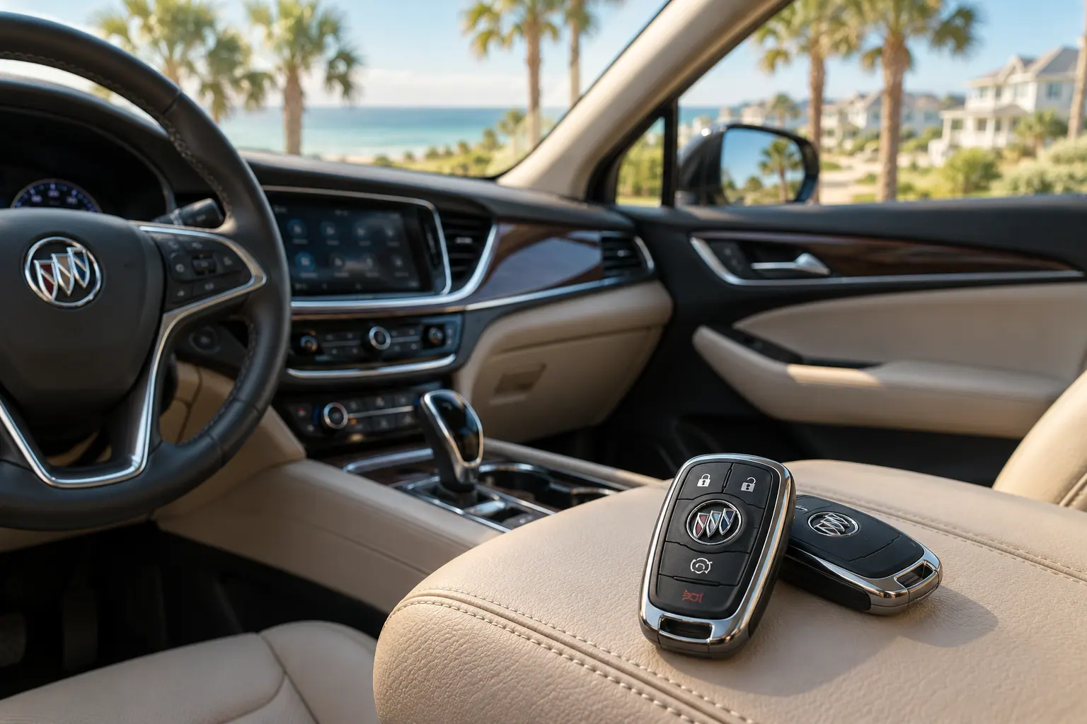 Illustrative Buick key and Enclave in a coastal setting