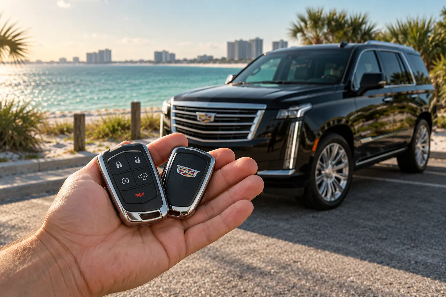 Illustrative Cadillac key and Escalade in a coastal setting