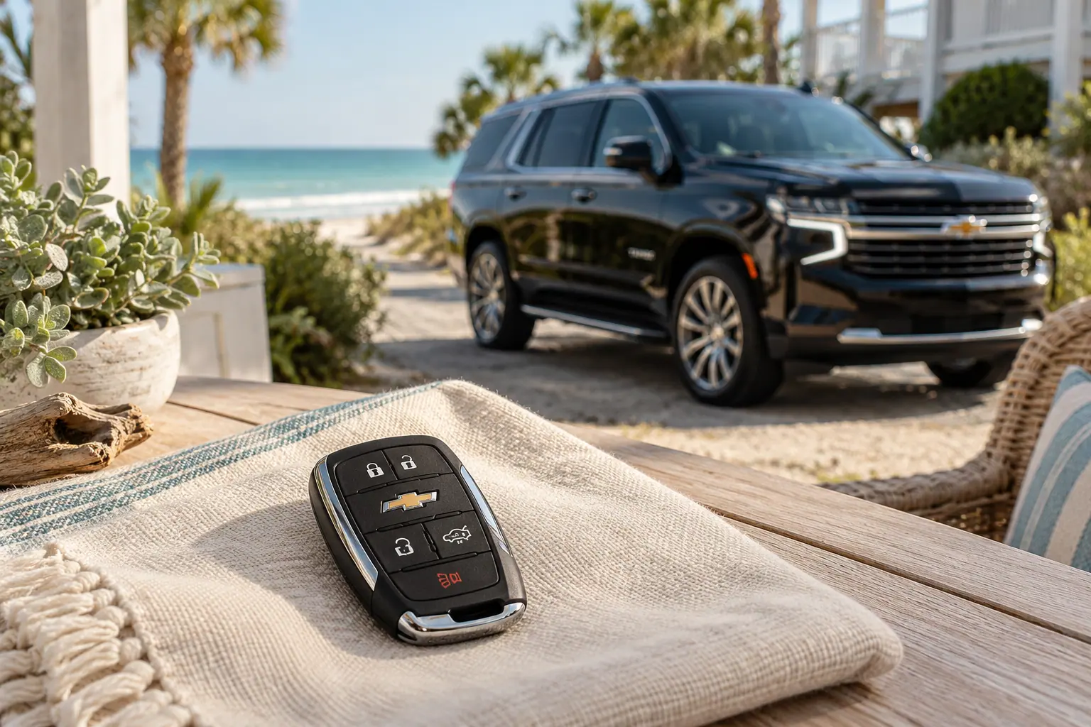 Illustrative Chevrolet key and Tahoe in a coastal setting