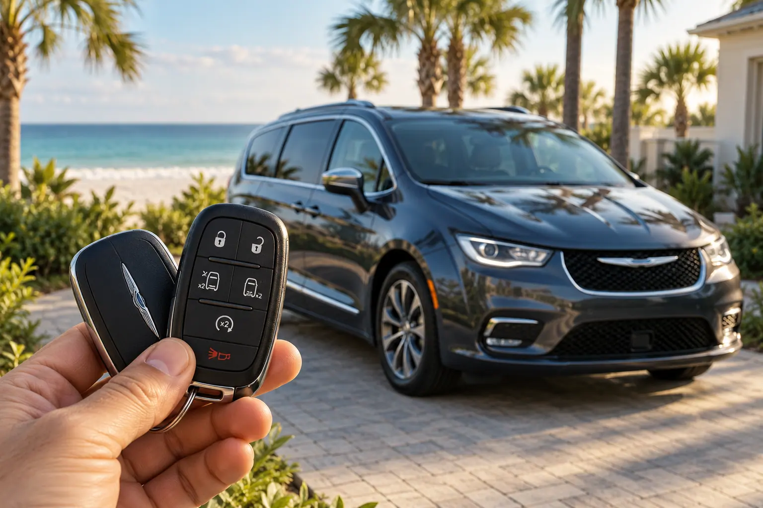 Illustrative Chrysler key and Pacifica in a coastal setting