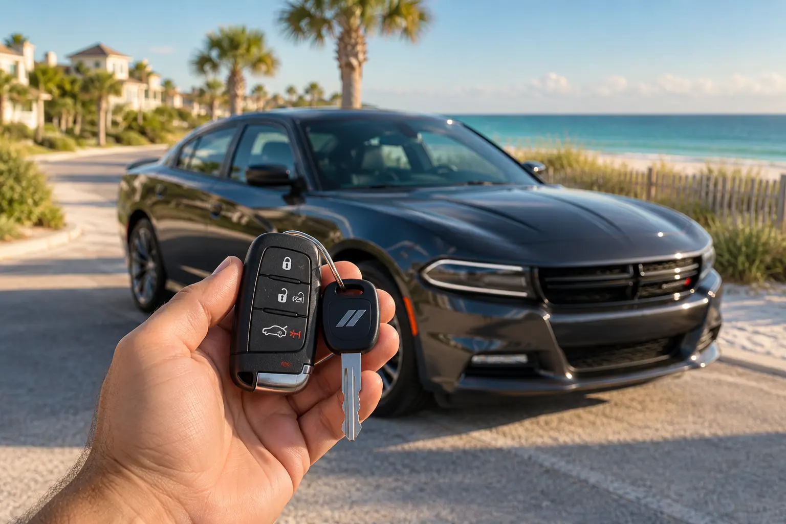 Illustrative Dodge key and Charger in a coastal setting