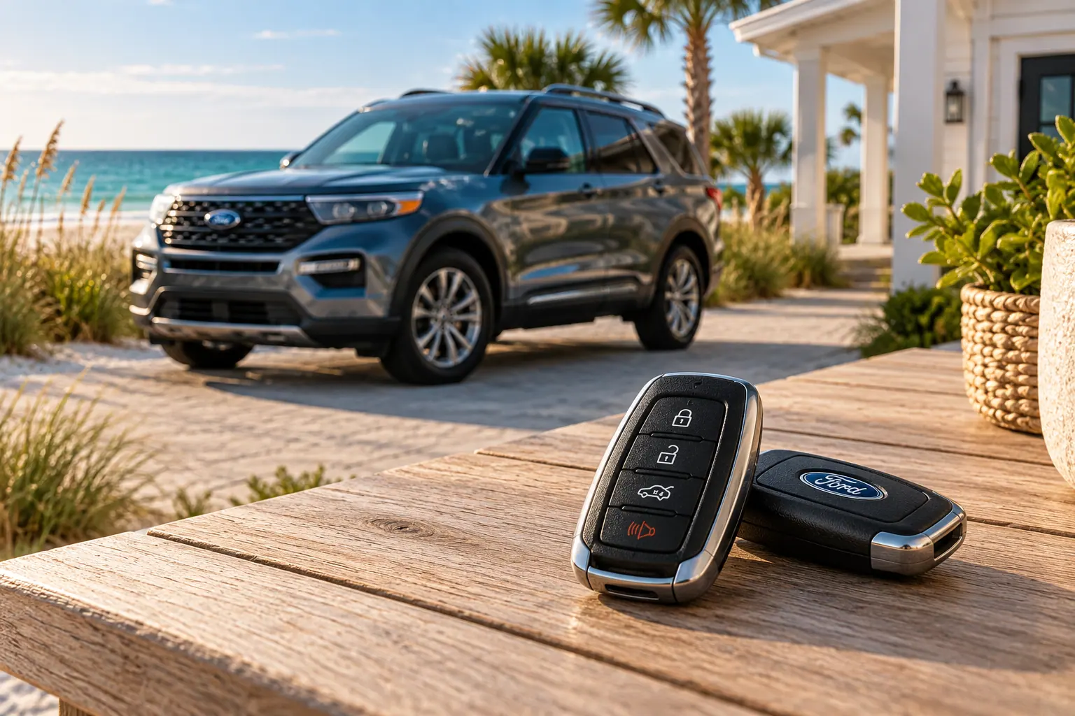 Illustrative Ford key and Explorer in a coastal setting