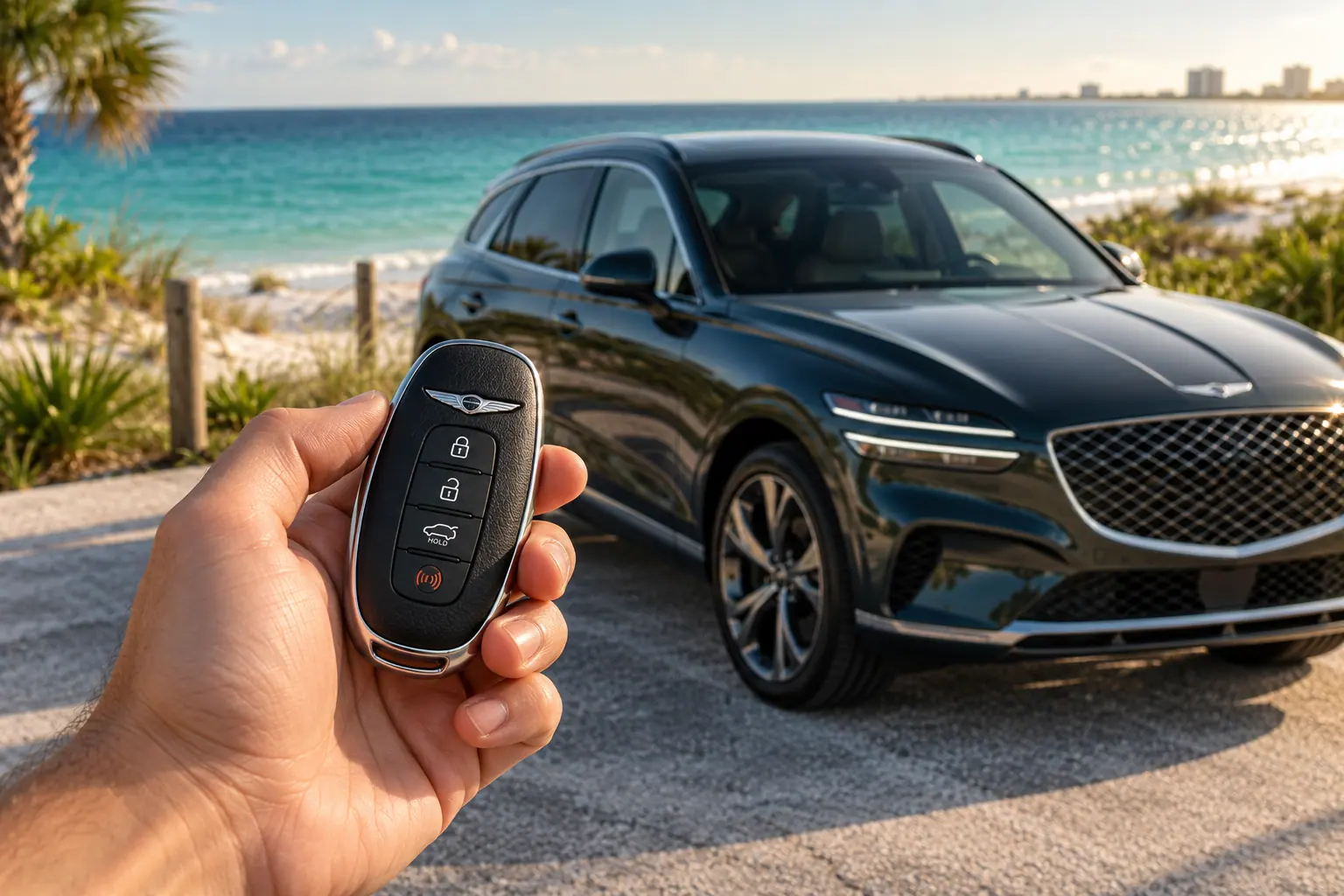 Illustrative Genesis key and GV70 in a coastal setting