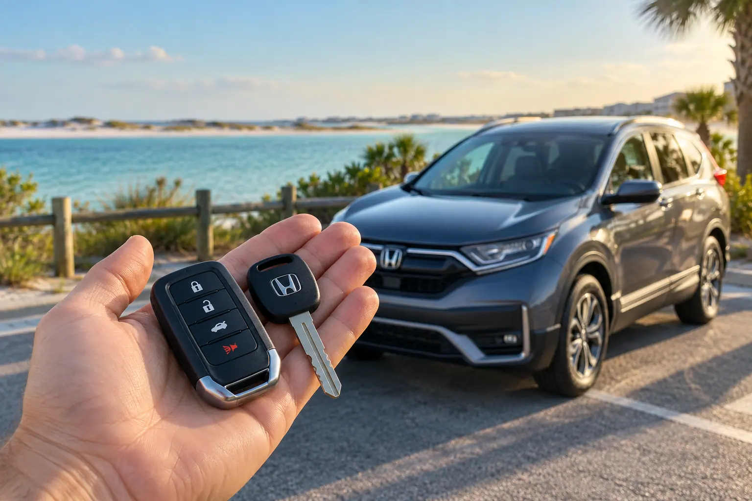 Illustrative Honda key and CR-V in a coastal setting