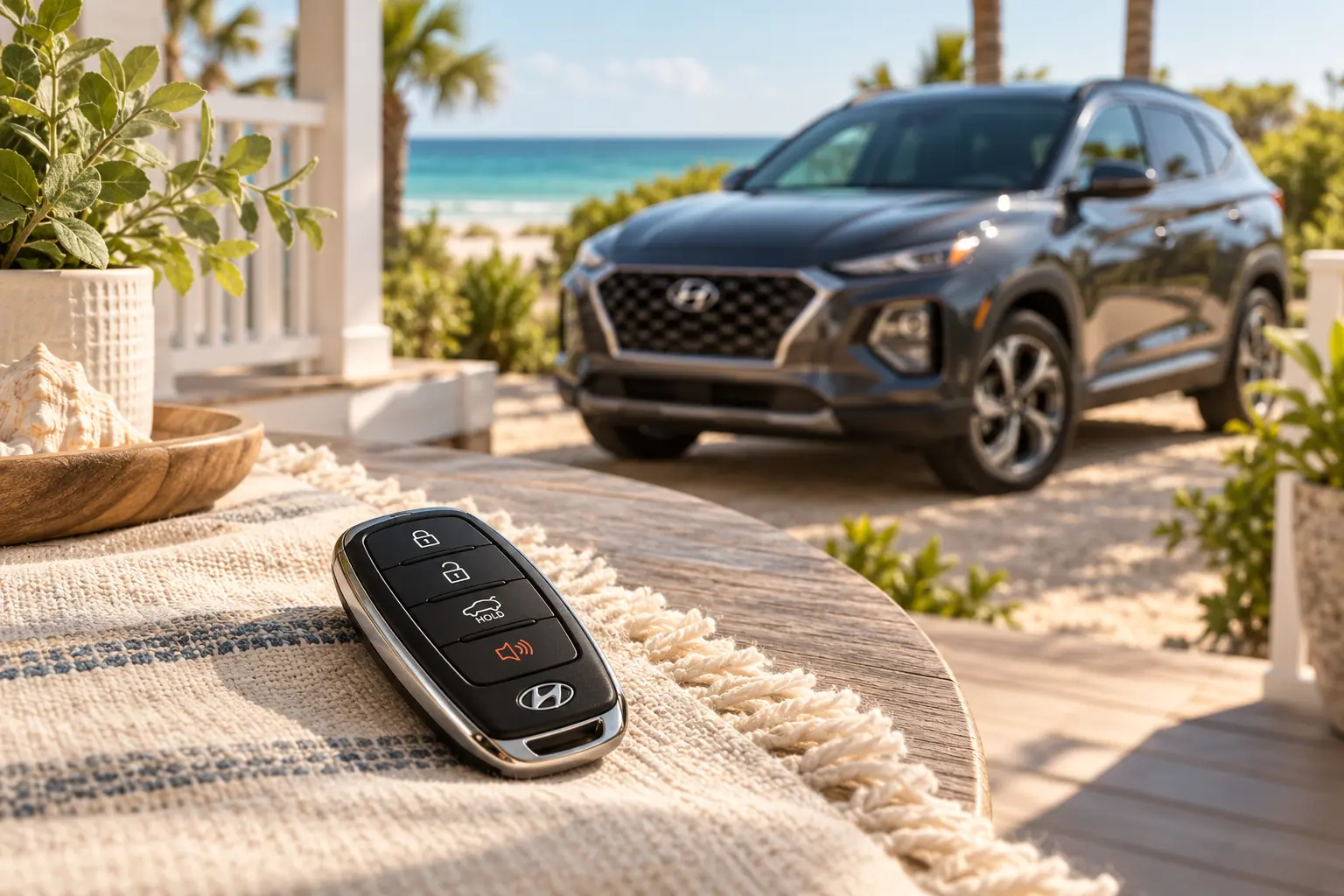 Illustrative Hyundai key and Tucson in a coastal setting