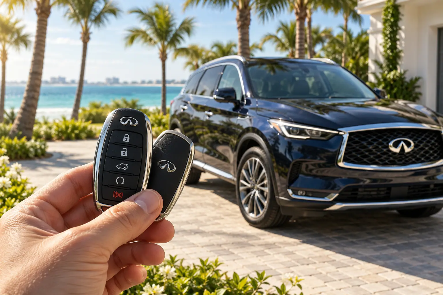 Illustrative Infiniti key and QX60 in a coastal setting