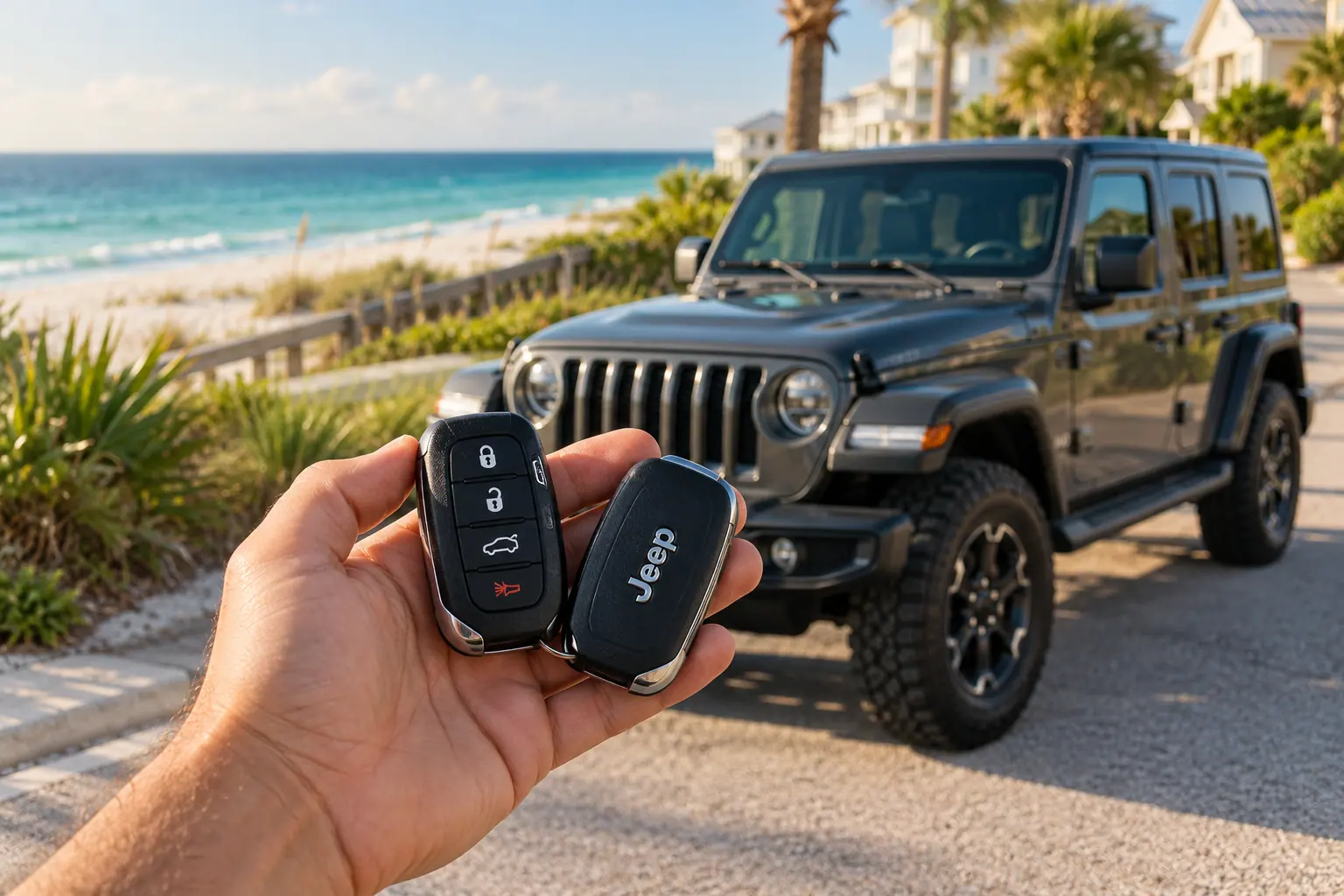 Illustrative Jeep key and Wrangler in a coastal setting
