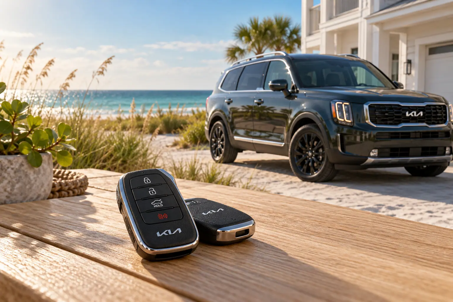 Illustrative Kia key and Telluride in a coastal setting