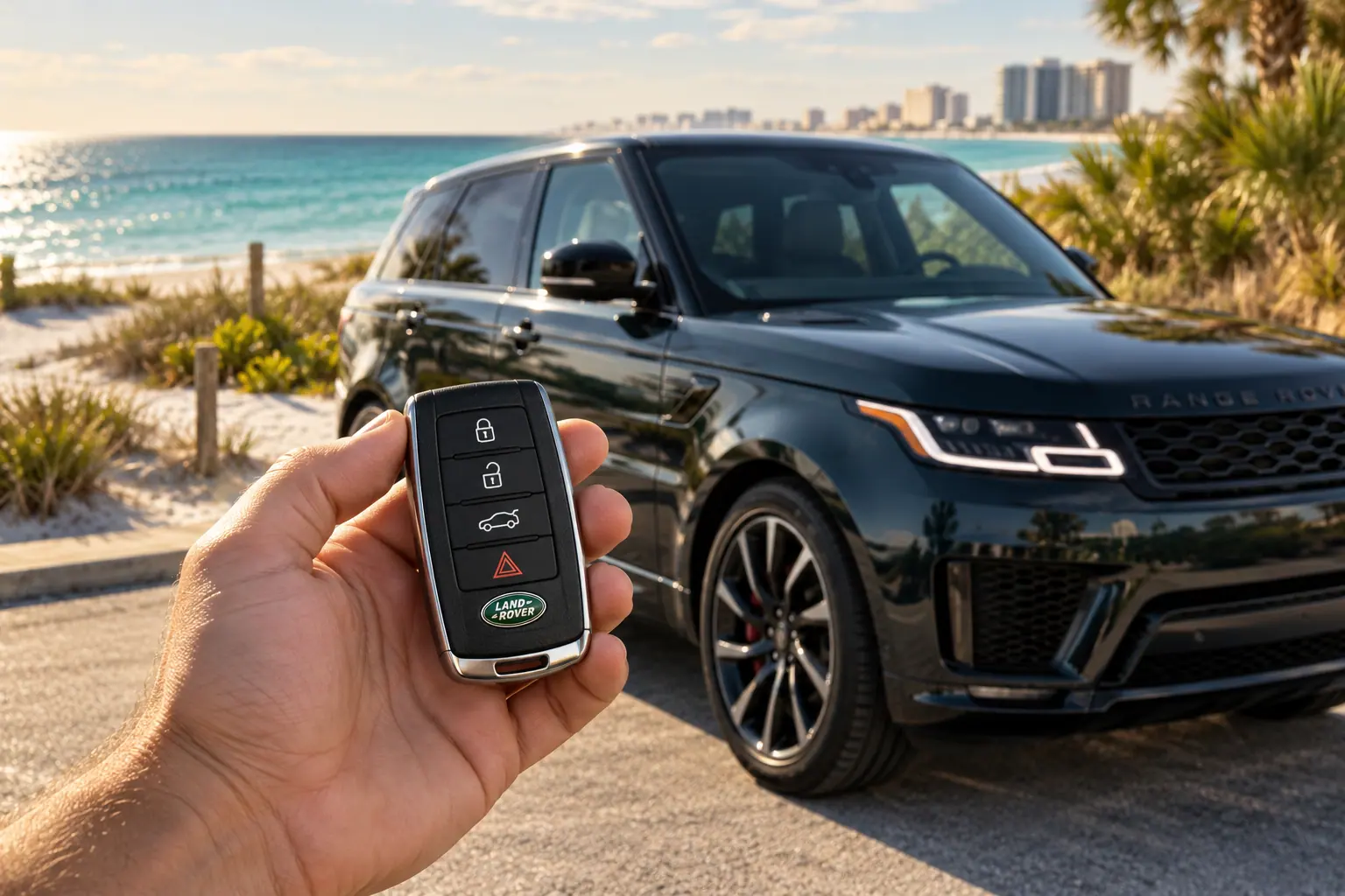 Illustrative Land Rover / Range Rover key and Range Rover Sport in a coastal setting