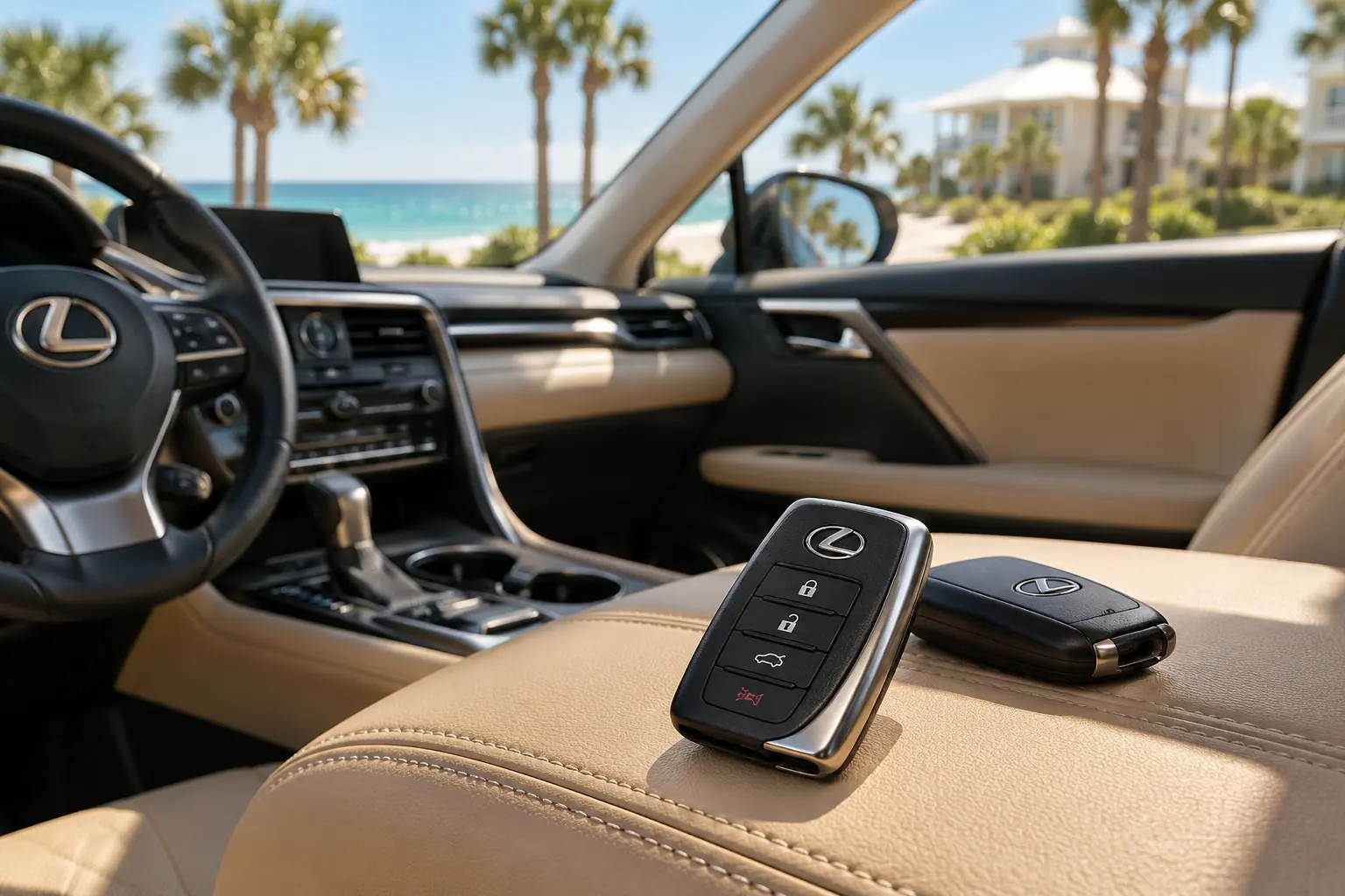 Illustrative Lexus key and RX in a coastal setting