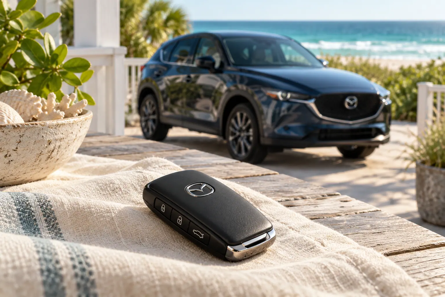 Illustrative Mazda key and CX-5 in a coastal setting