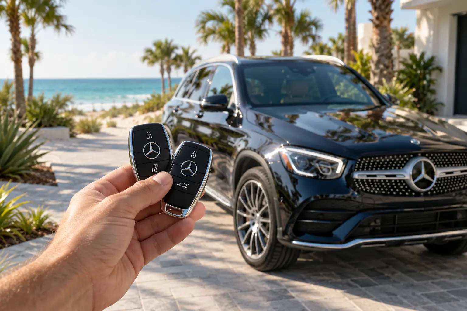 Illustrative Mercedes-Benz key and GLC in a coastal setting