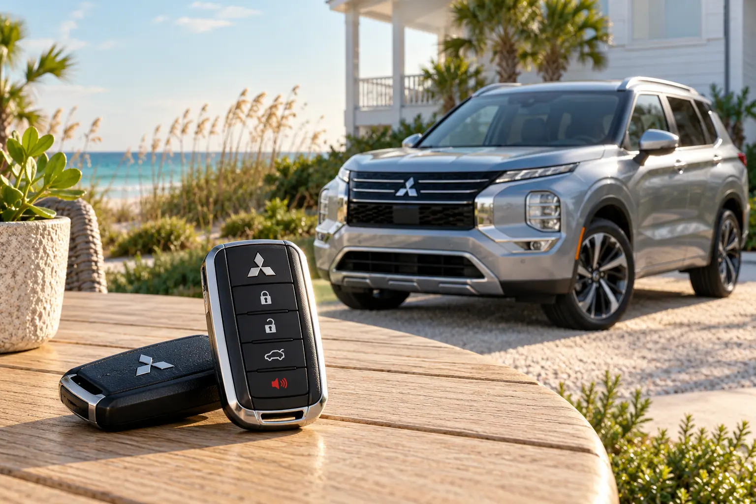 Illustrative Mitsubishi key and Outlander in a coastal setting