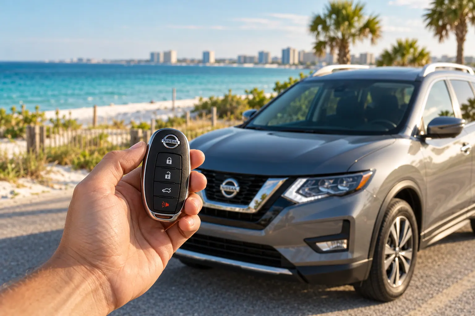 Illustrative Nissan key and Rogue in a coastal setting