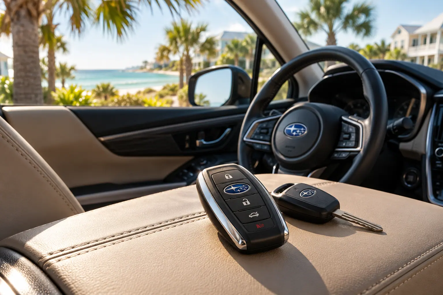 Illustrative Subaru key and Outback in a coastal setting