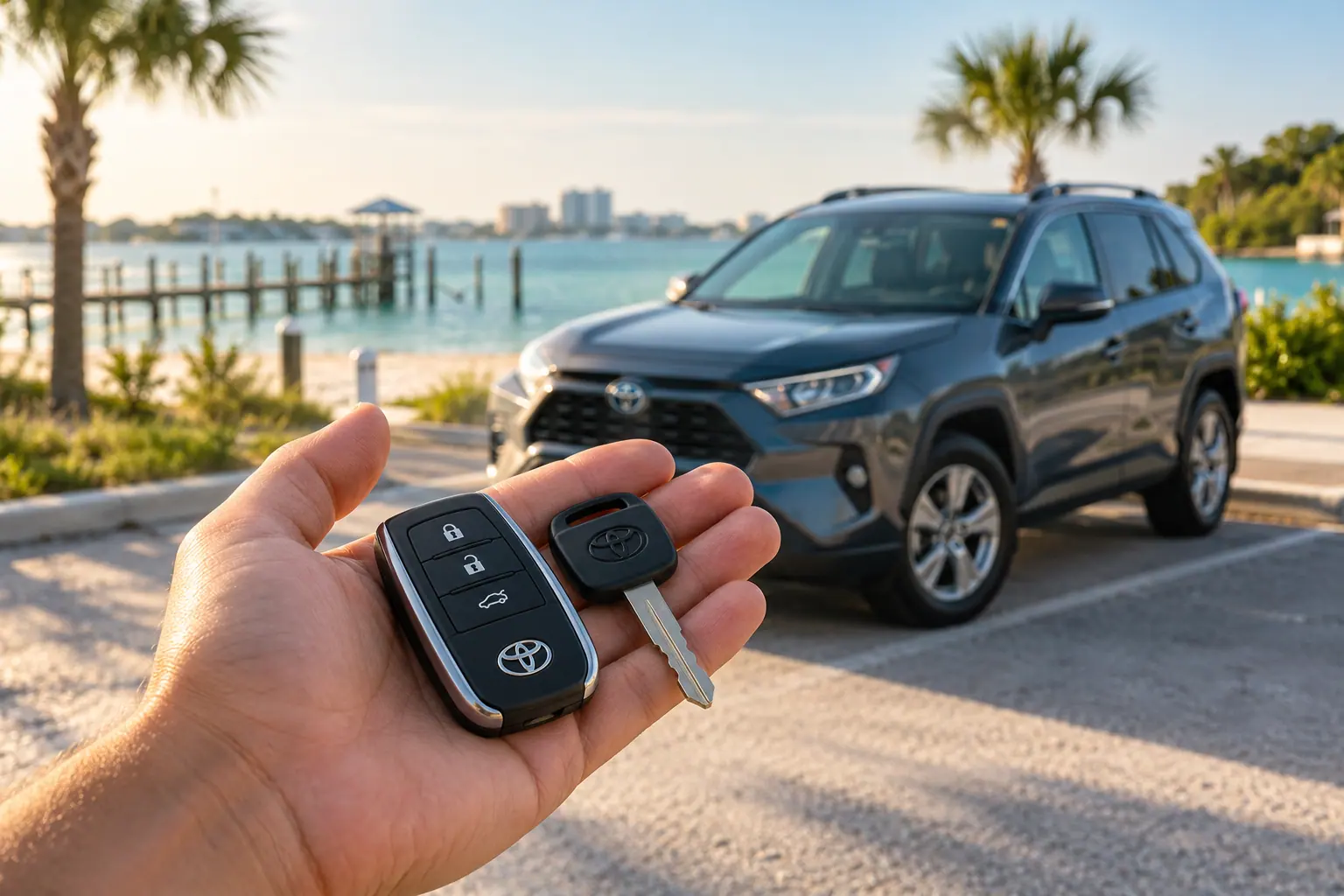 Illustrative Toyota key and RAV4 in a coastal setting