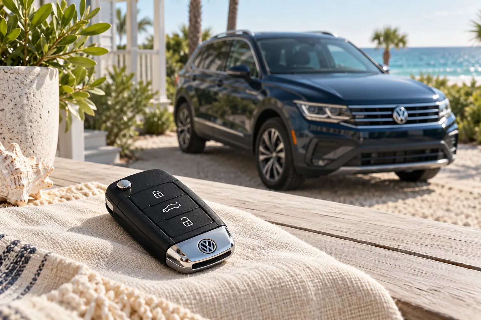 Illustrative Volkswagen key and Tiguan in a coastal setting