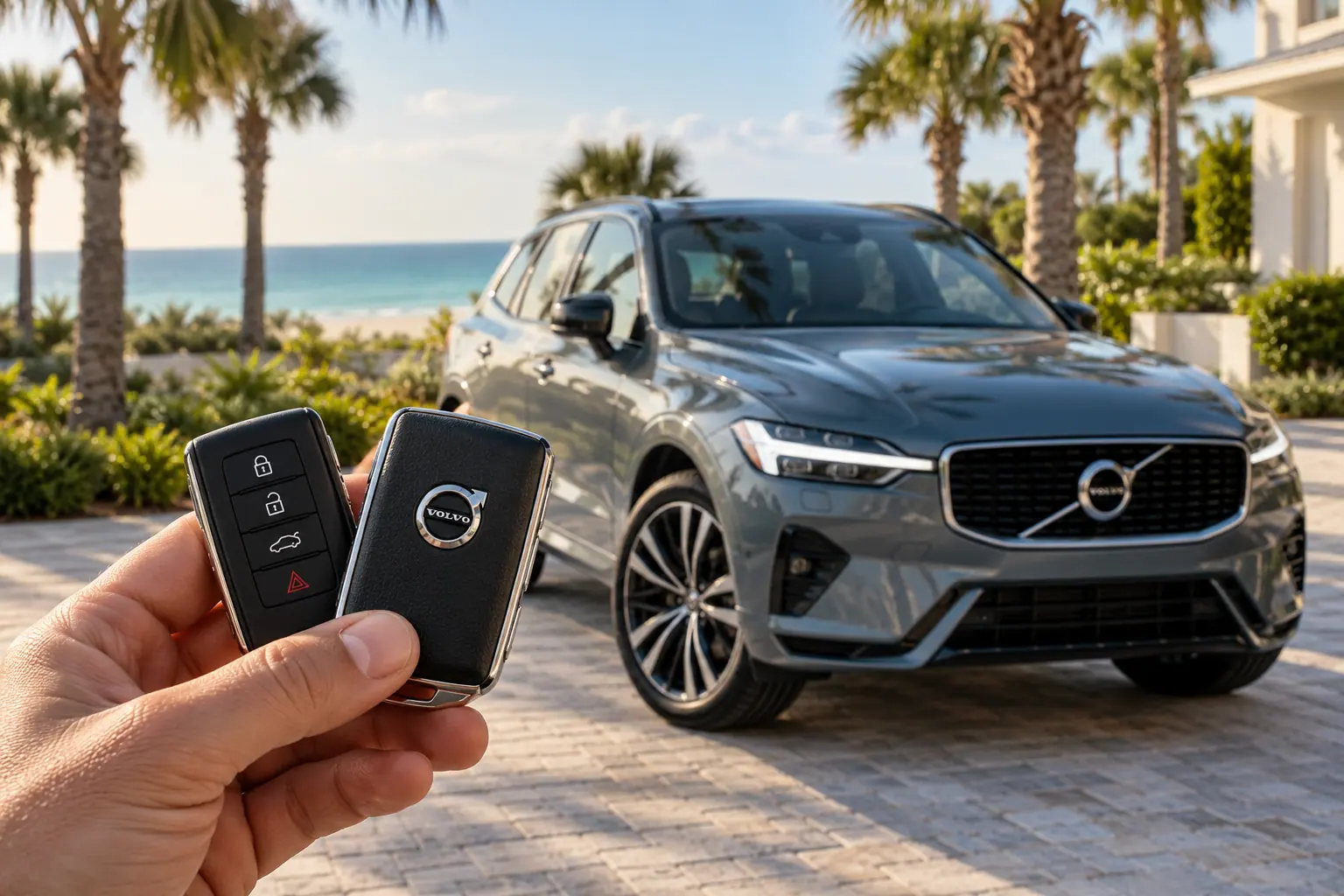Illustrative Volvo key and XC60 in a coastal setting