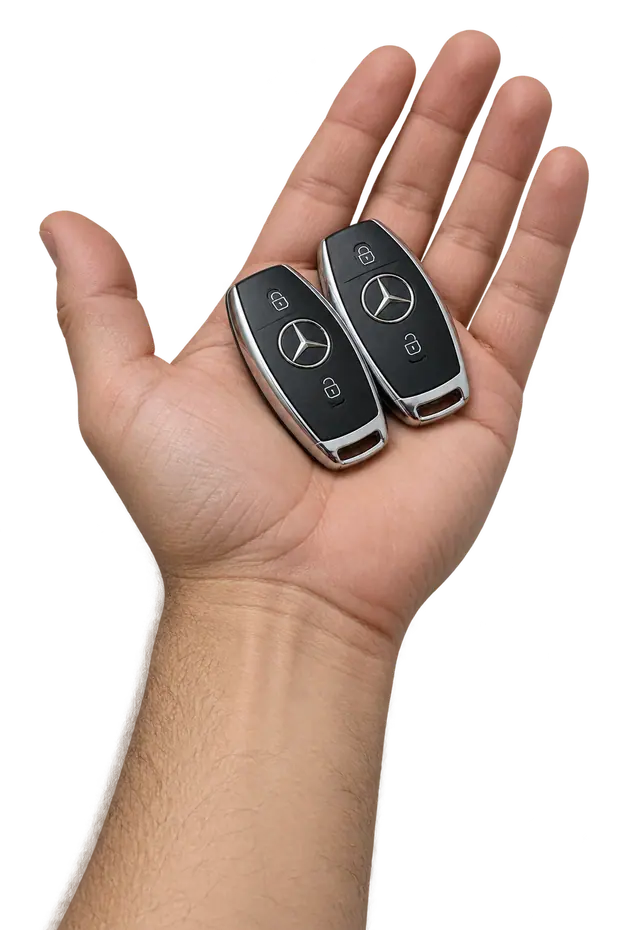 Two automotive key fobs held in a hand