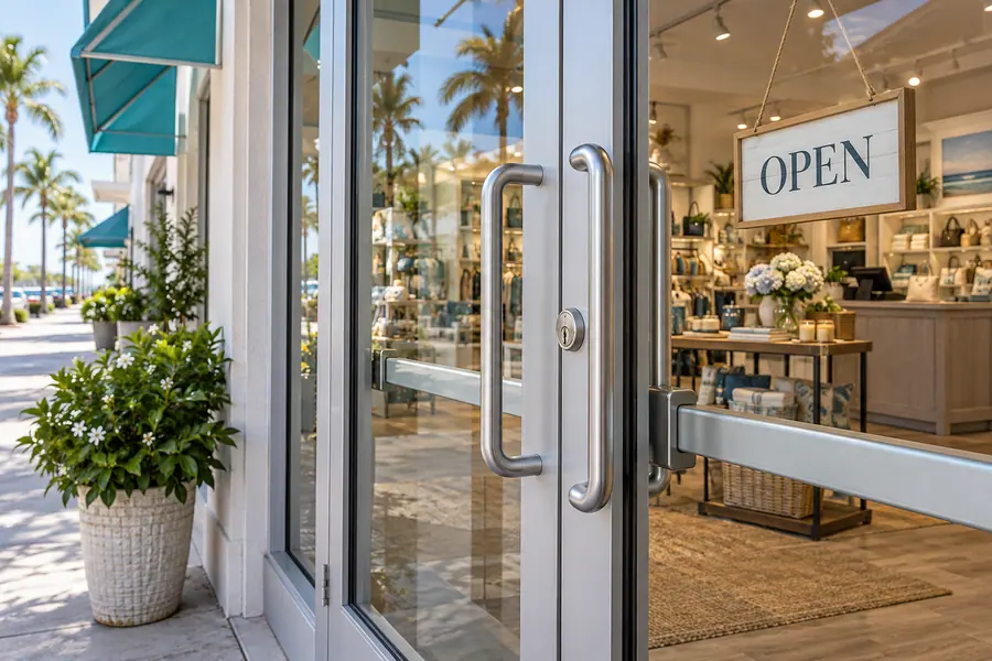 Retail shop entrance with commercial door hardware - service illustration