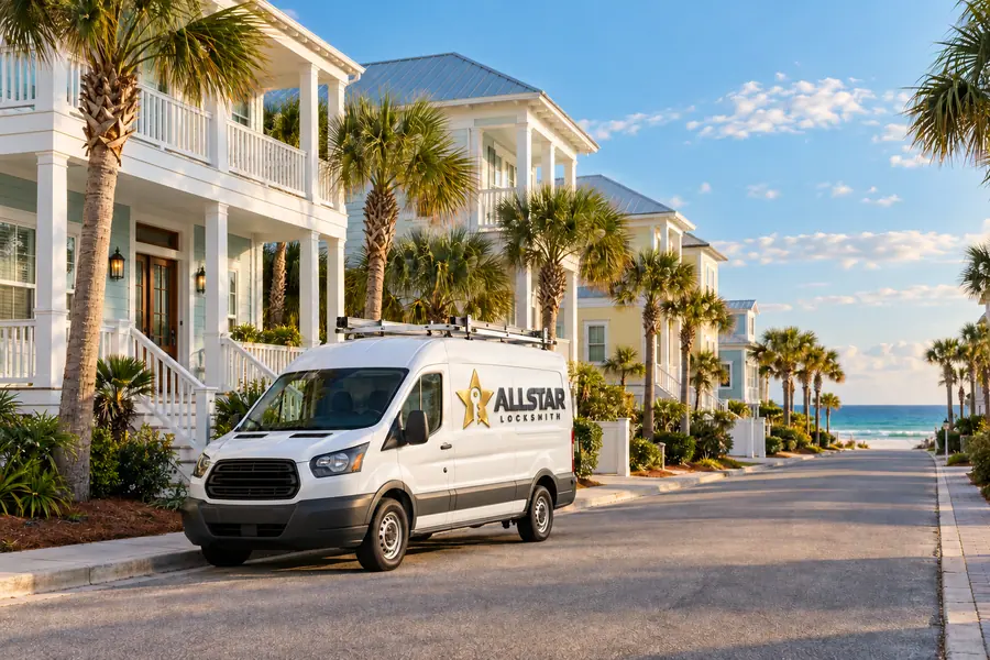 Coastal neighborhood and mobile service van - service illustration