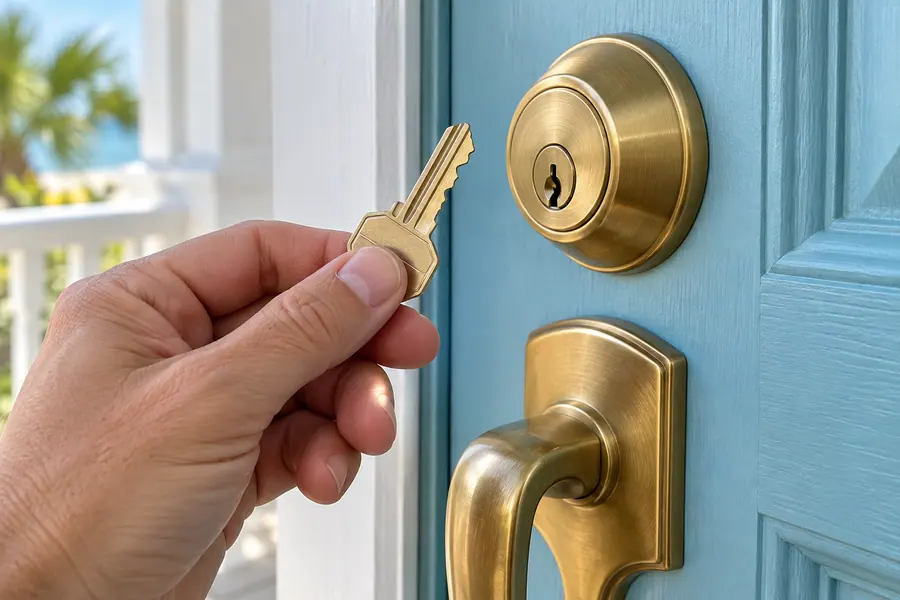 House key held beside a residential deadbolt - service illustration